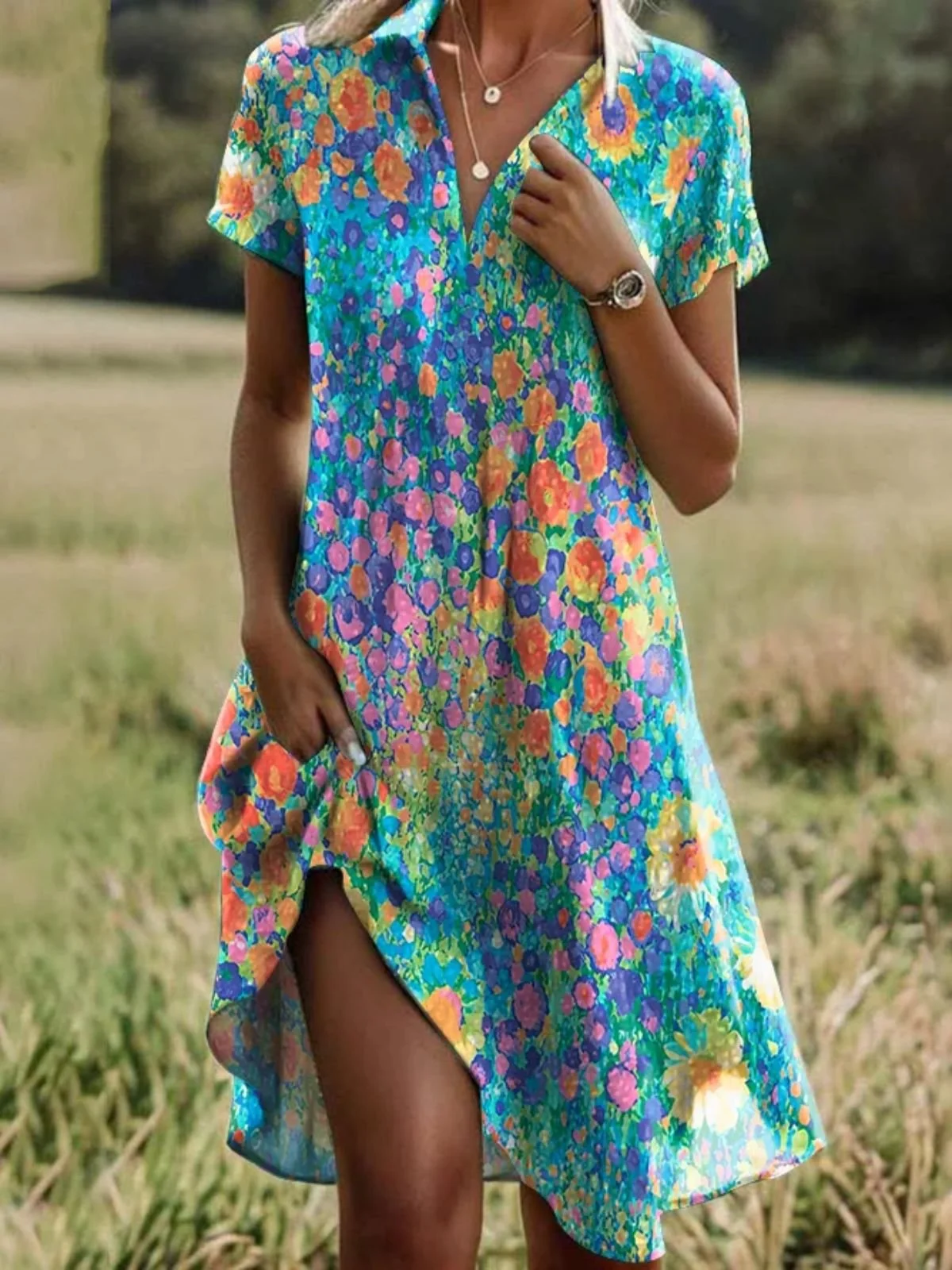 Women Floral Shirt Collar Short Sleeve Comfy Casual Midi Dress