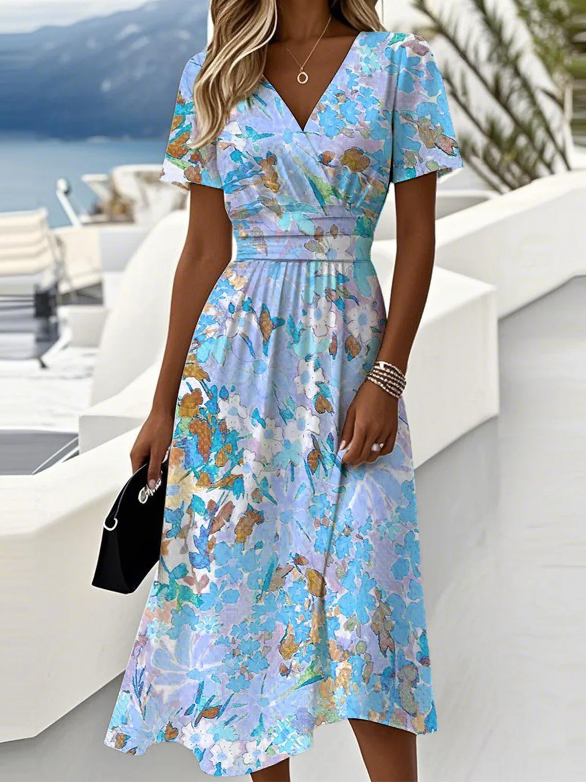 Women Floral Summer Dress V Neck Short Sleeve Beach Dress A-Line Dress