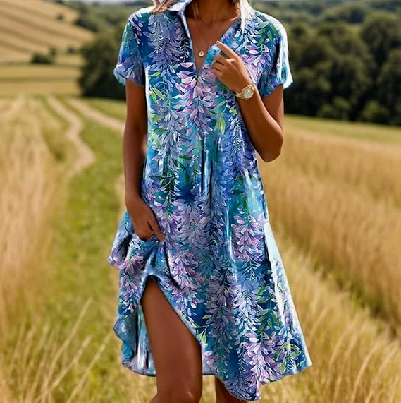 Women Floral Shirt Collar Short Sleeve Comfy Casual Midi Dress