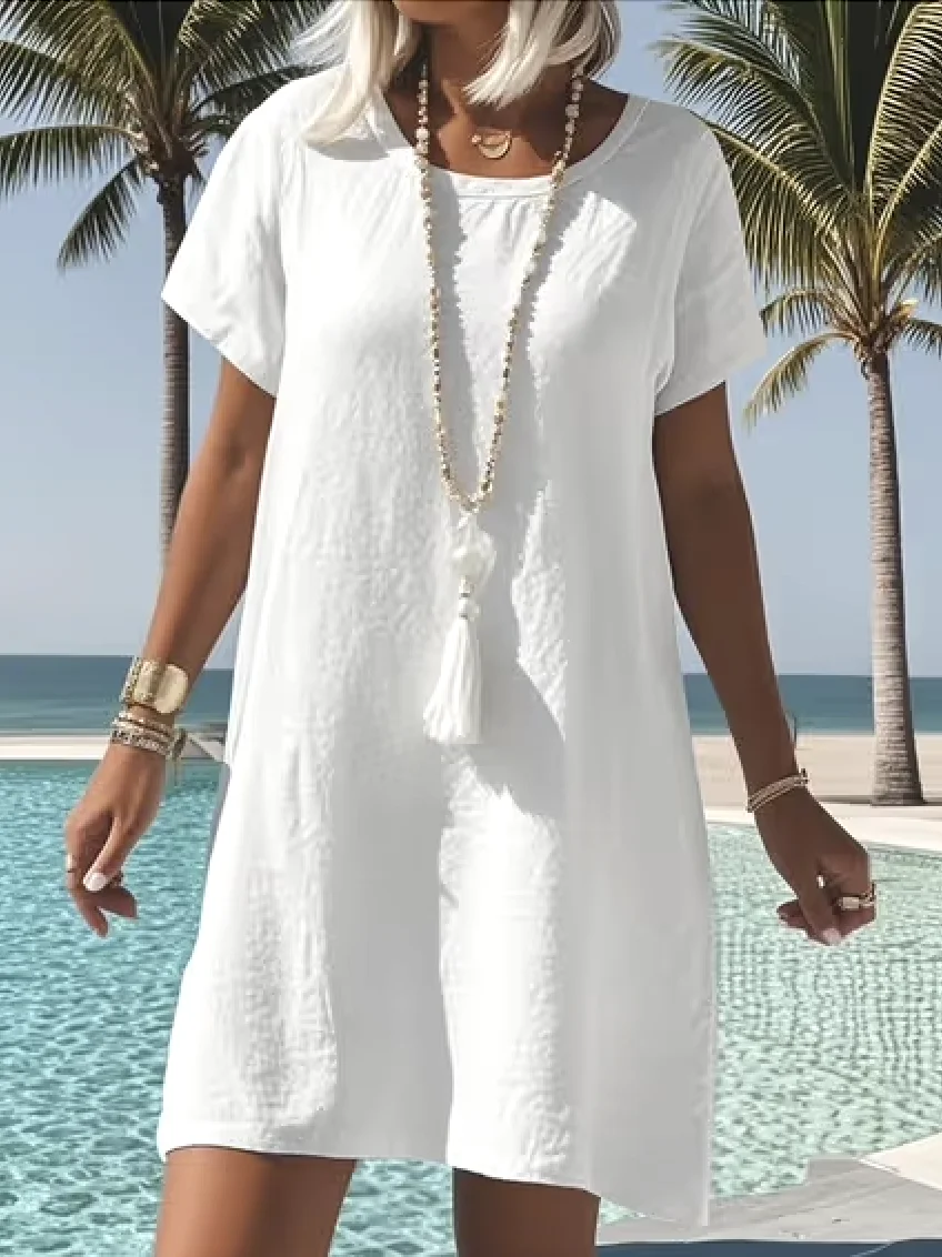 Women Plain Crew Neck Short Sleeve Comfy Casual Midi Dress