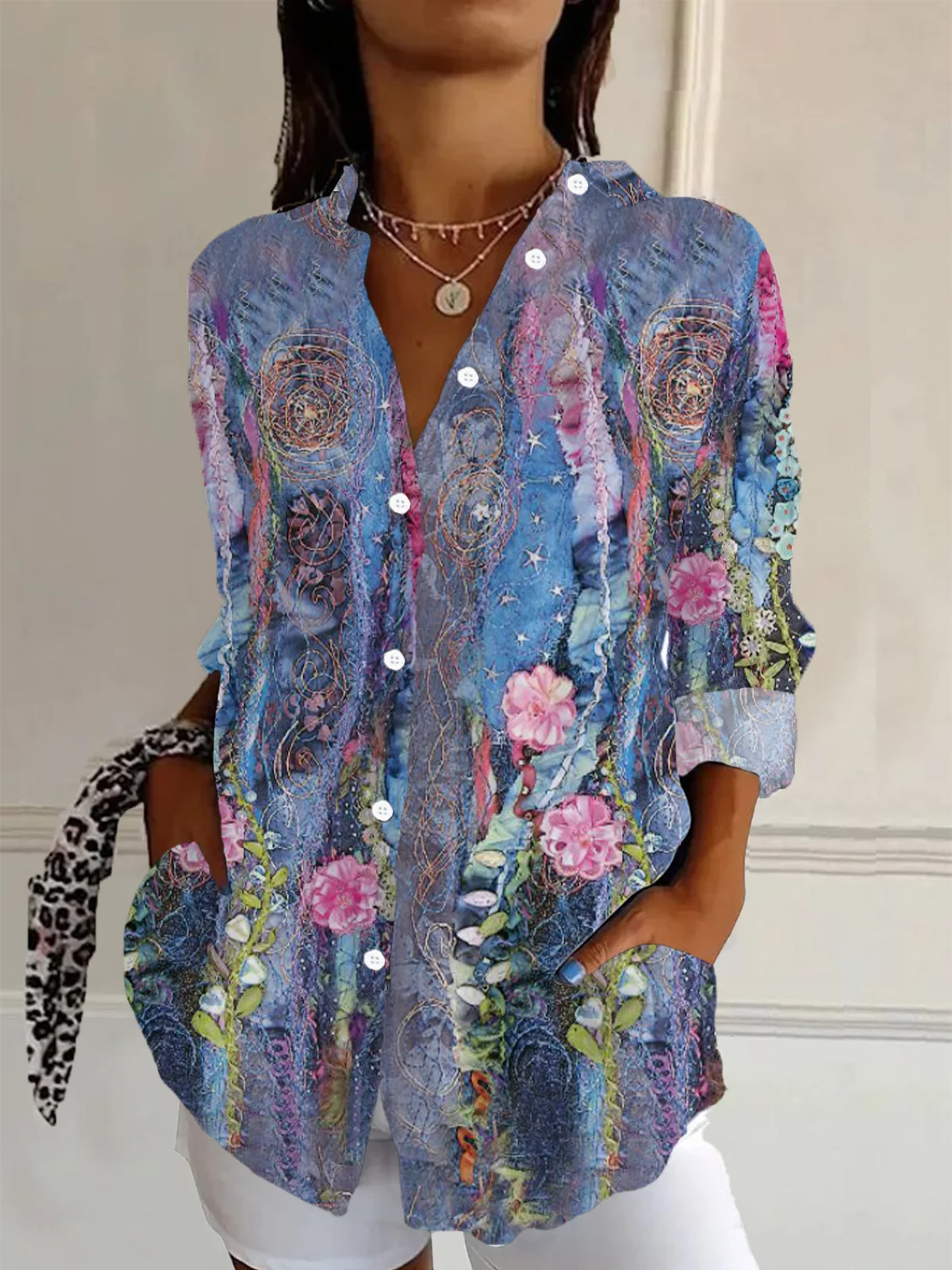 Shirt Collar Long Sleeve Floral Buckle Regular Loose Button Up Shirt Shirt For Women