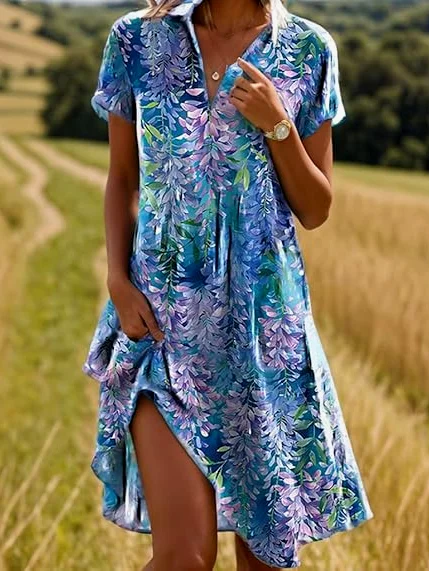 Women Floral Shirt Collar Short Sleeve Comfy Casual Midi Dress