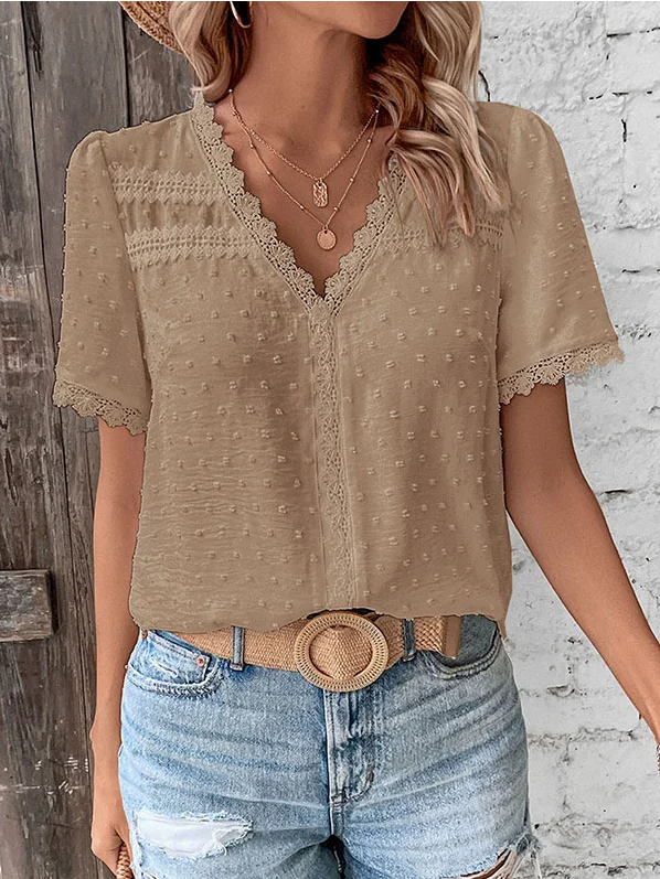 V Neck Short Sleeve Polka Dots Regular Micro-Elasticity Regular Fit Shirt For Women