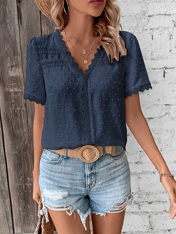 V Neck Short Sleeve Polka Dots Regular Micro-Elasticity Regular Fit Shirt For Women