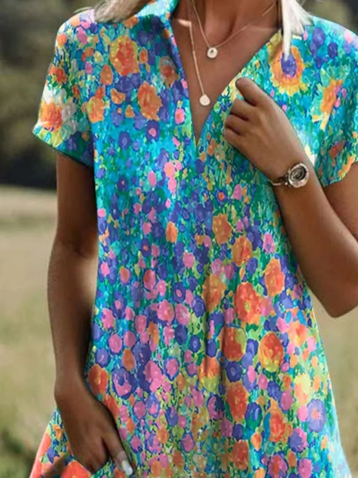 Women Floral Shirt Collar Short Sleeve Comfy Casual Midi Dress