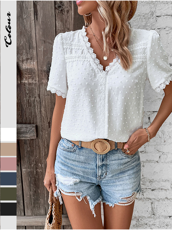 V Neck Short Sleeve Polka Dots Regular Micro-Elasticity Regular Fit Shirt For Women