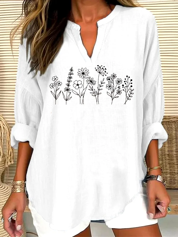 V Neck Long Sleeve Geometric Regular Micro-Elasticity Regular Fit Shirt For Women