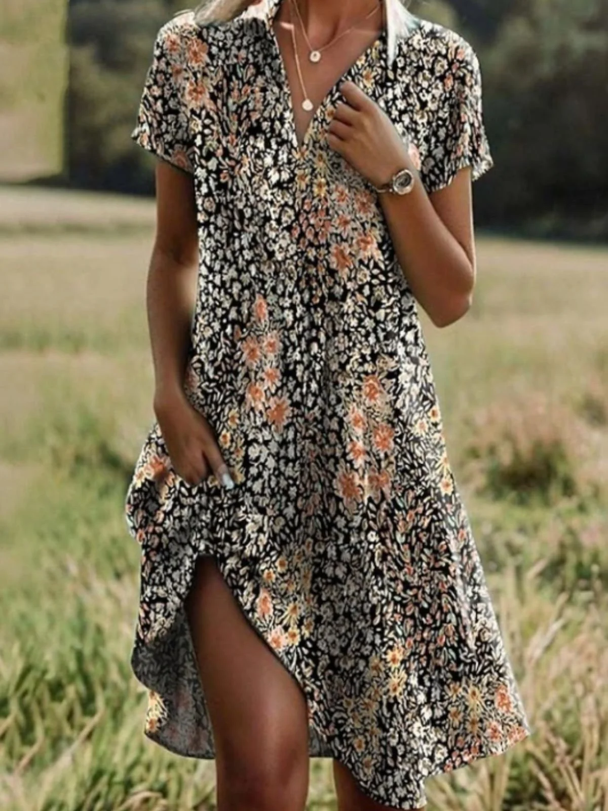 Women Floral Shirt Collar Short Sleeve Comfy Casual Midi Dress