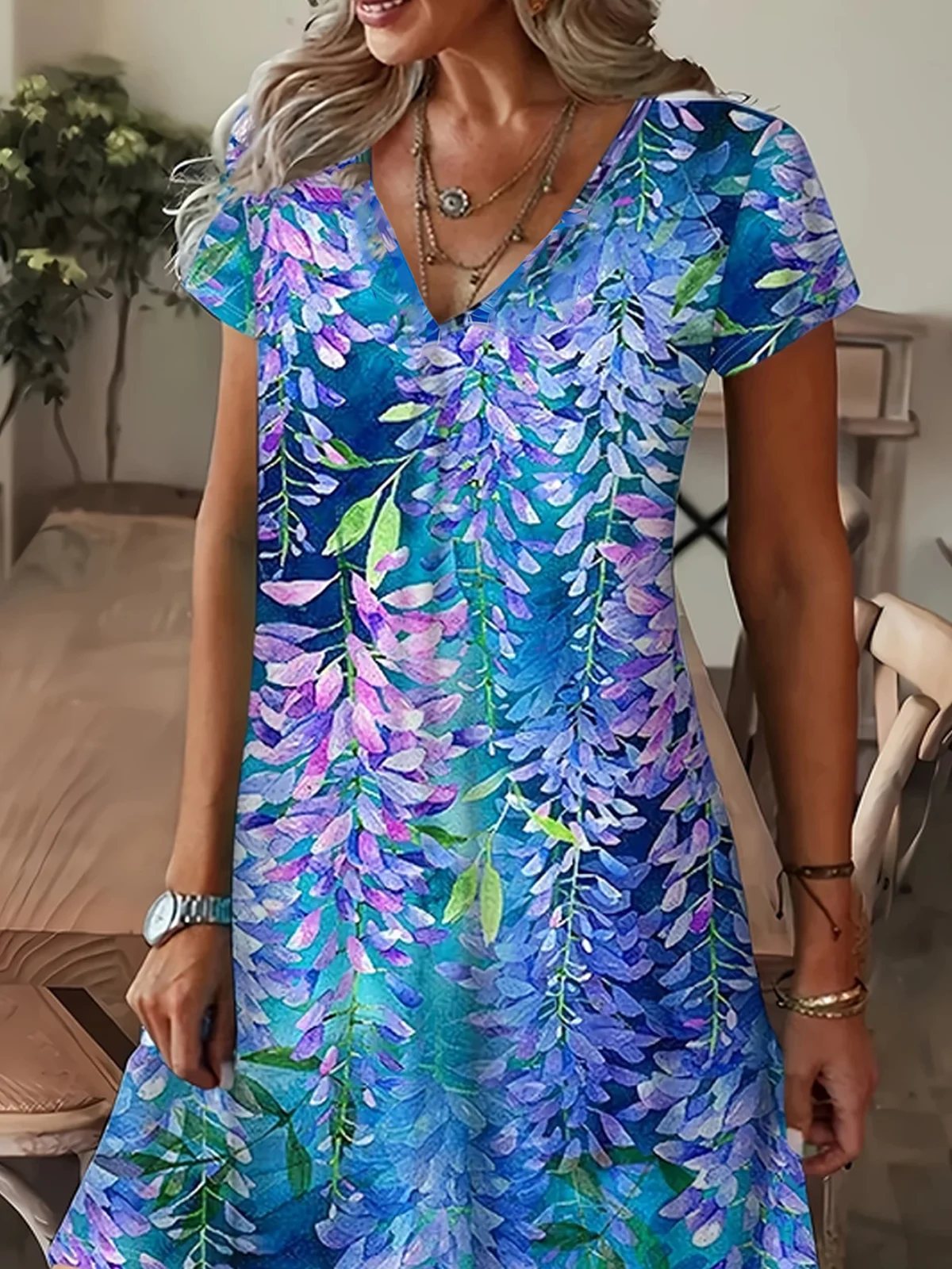 Women Floral V Neck Short Sleeve Comfy Casual Maxi Dress