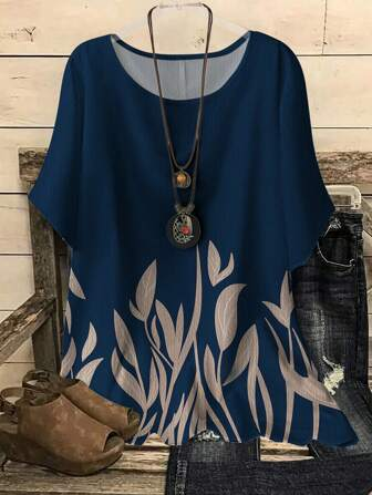 Vintage Plants Crew Neck Three Quarter Sleeve T-shirt