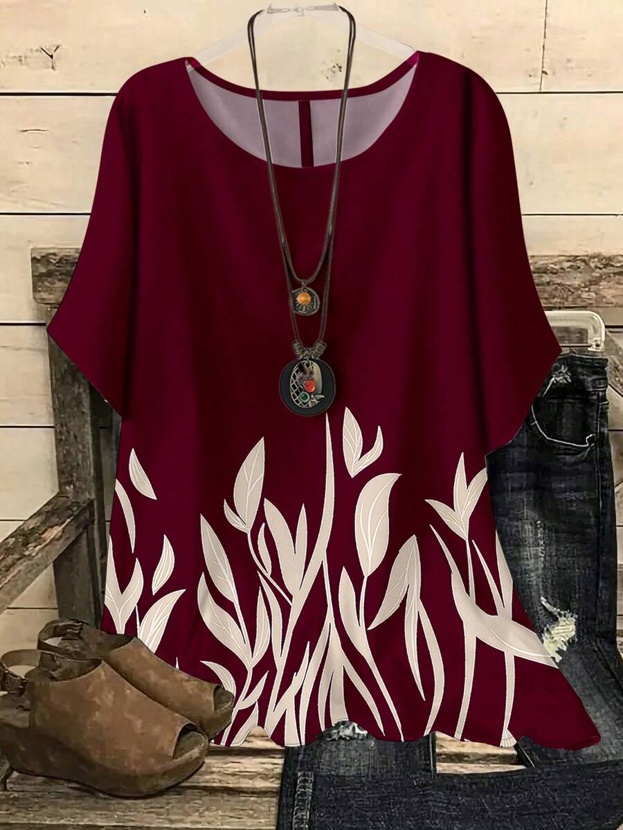 Vintage Plants Crew Neck Three Quarter Sleeve T-shirt