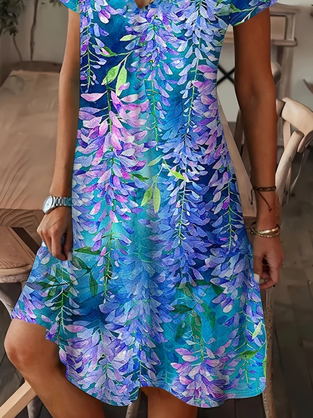 Women Floral V Neck Short Sleeve Comfy Casual Maxi Dress