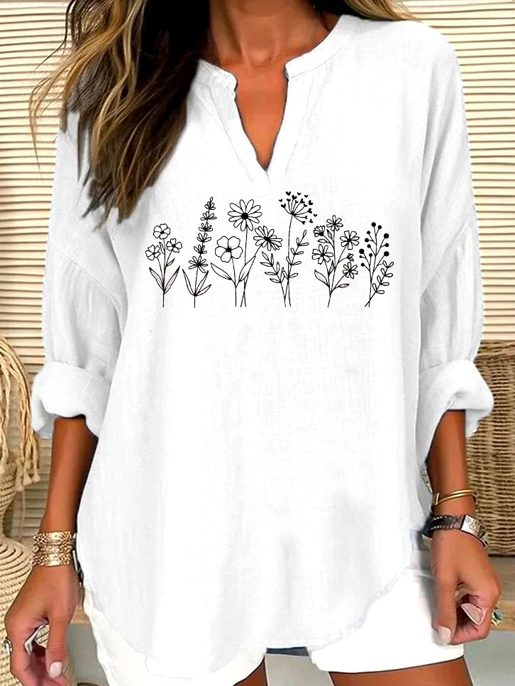 V Neck Long Sleeve Geometric Regular Micro-Elasticity Regular Fit Shirt For Women