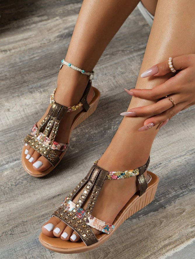 Boho Floral Breathable Slip On Block Heel Wedge Sandals Printing