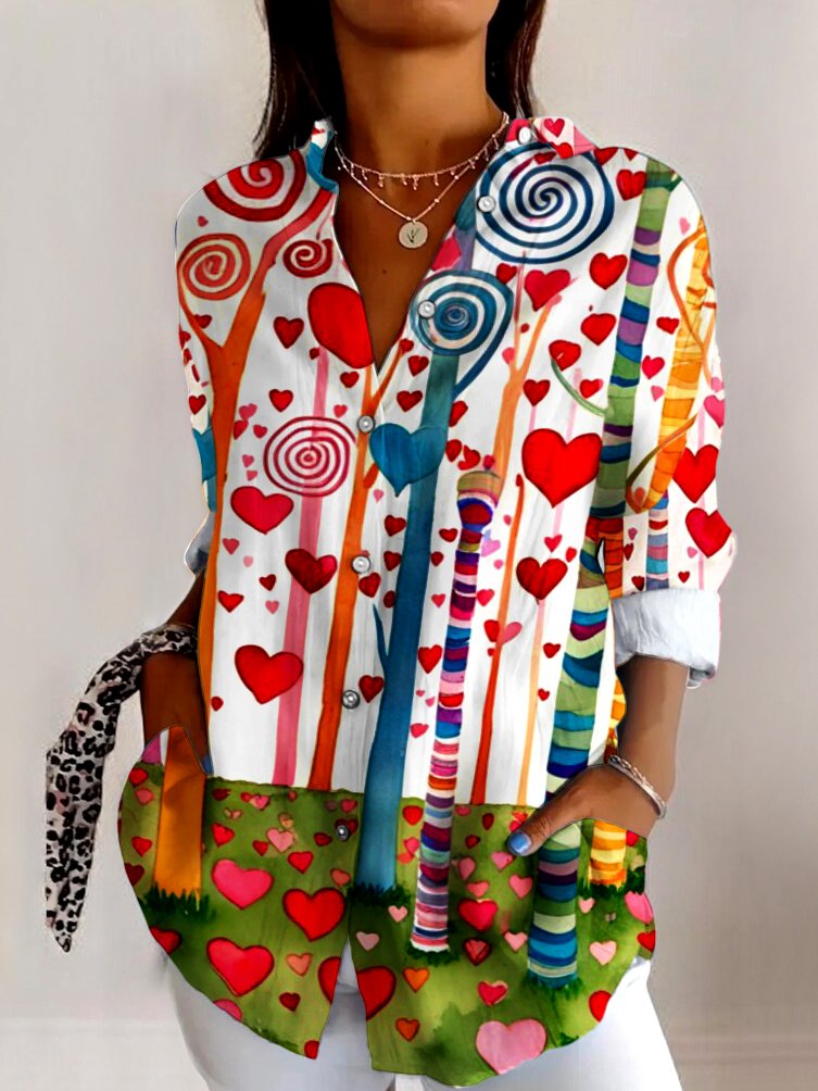 V Neck Long Sleeve Geometric Regular Micro-Elasticity Regular Fit Shirt For Women