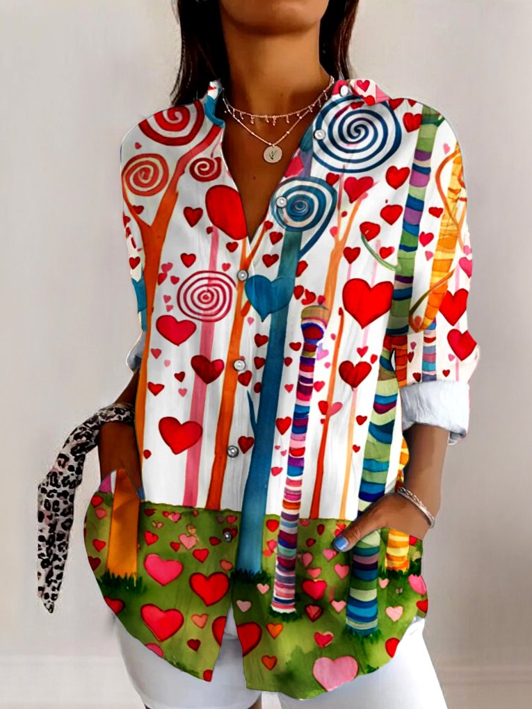 V Neck Long Sleeve Geometric Regular Micro-Elasticity Regular Fit Shirt For Women