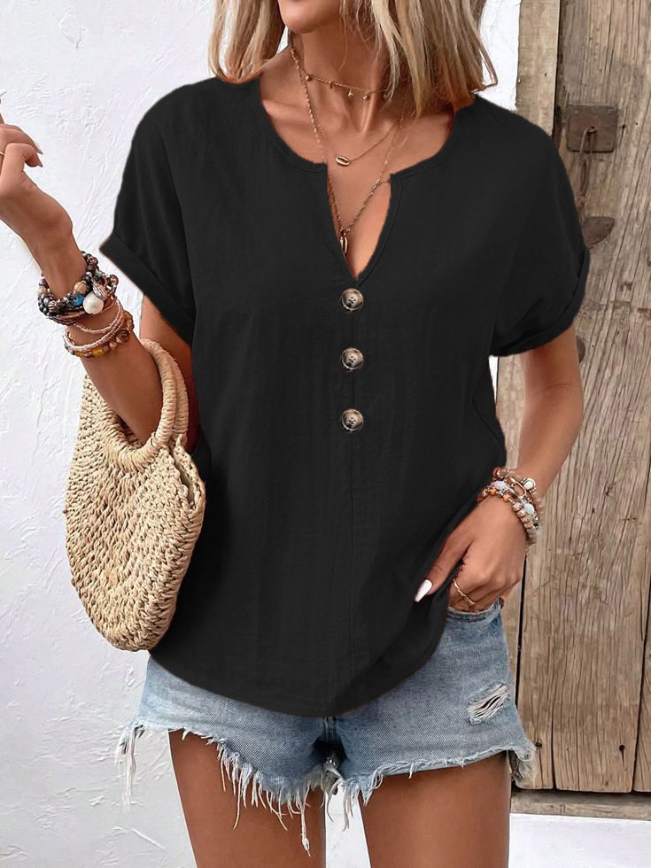 Casual Plain V Neck Short Sleeve T-shirt