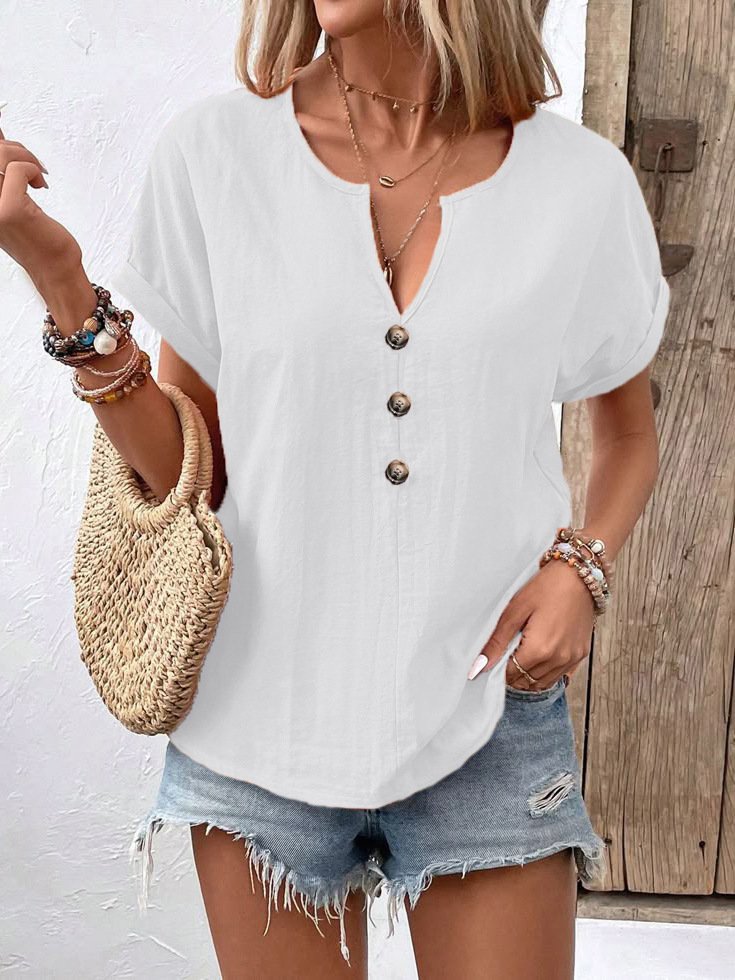 Casual Plain V Neck Short Sleeve T-shirt