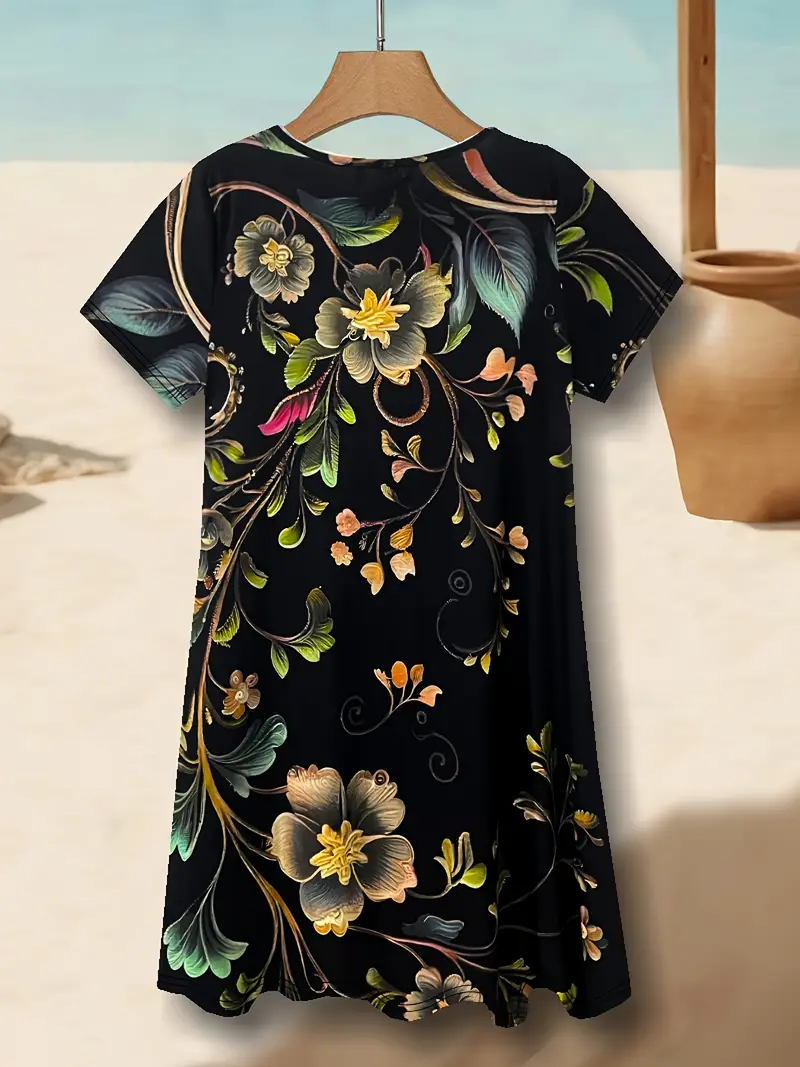 Women Floral V Neck Short Sleeve Comfy Casual Midi Dress