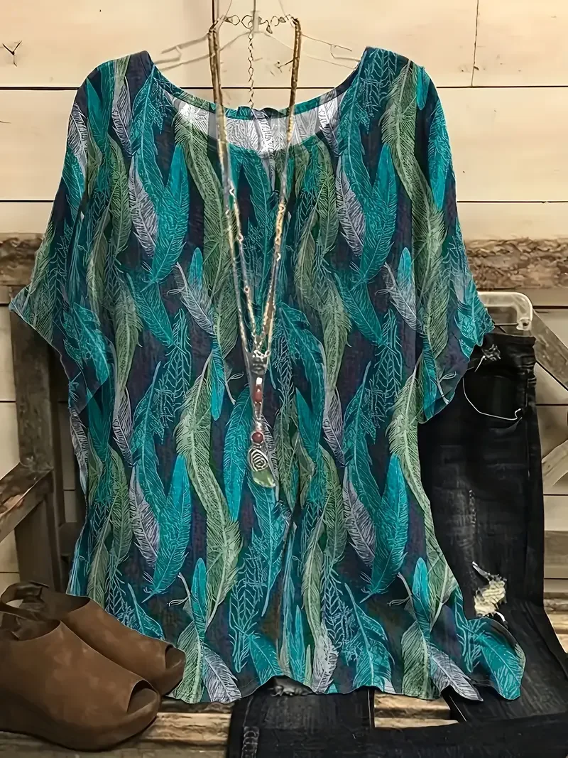 Vintage Feather Pattern Crew Neck Three Quarter Sleeve T-shirt