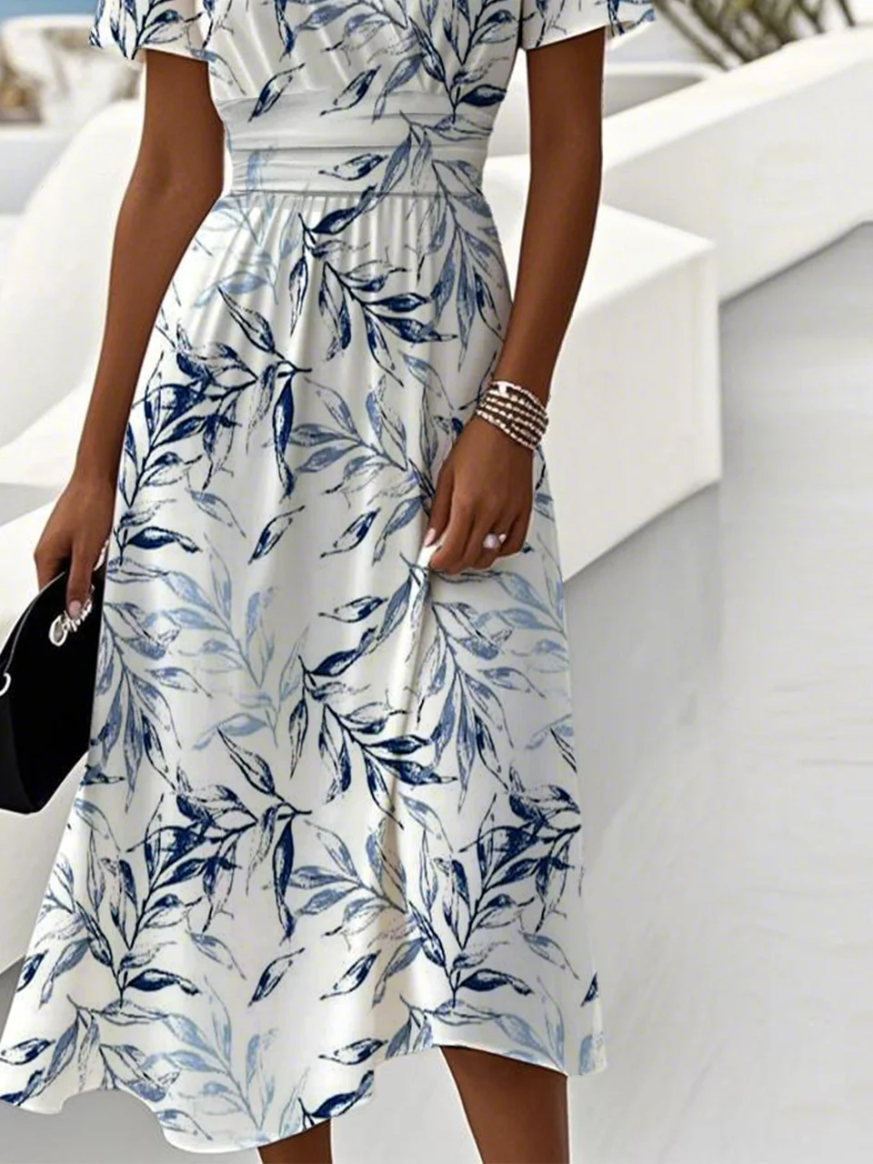 Women Leaf Summer Dress V Neck Short Sleeve Beach Dress A-Line Dress