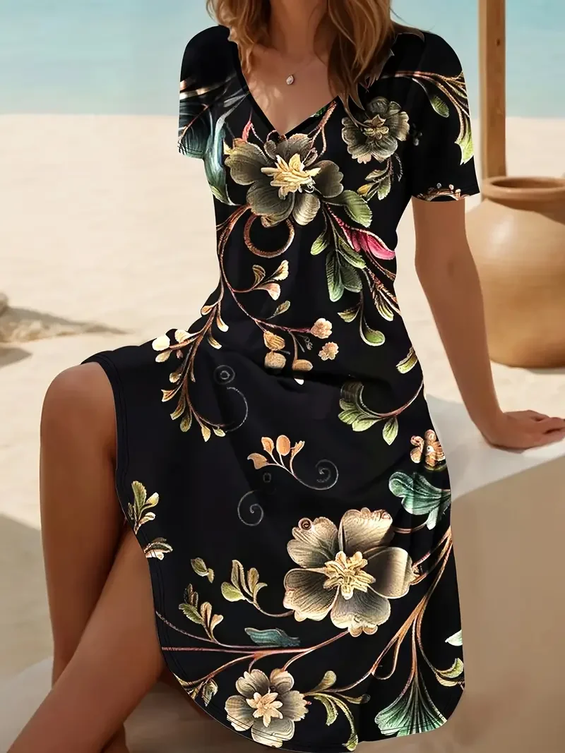 Women Floral V Neck Short Sleeve Comfy Casual Midi Dress