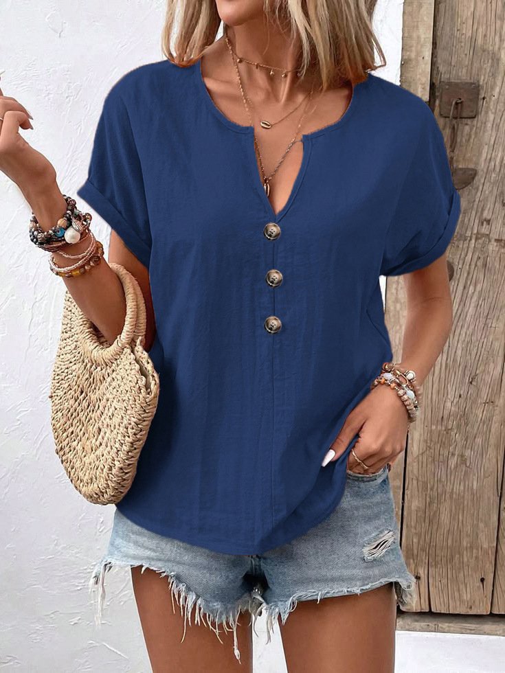 Casual Plain V Neck Short Sleeve T-shirt