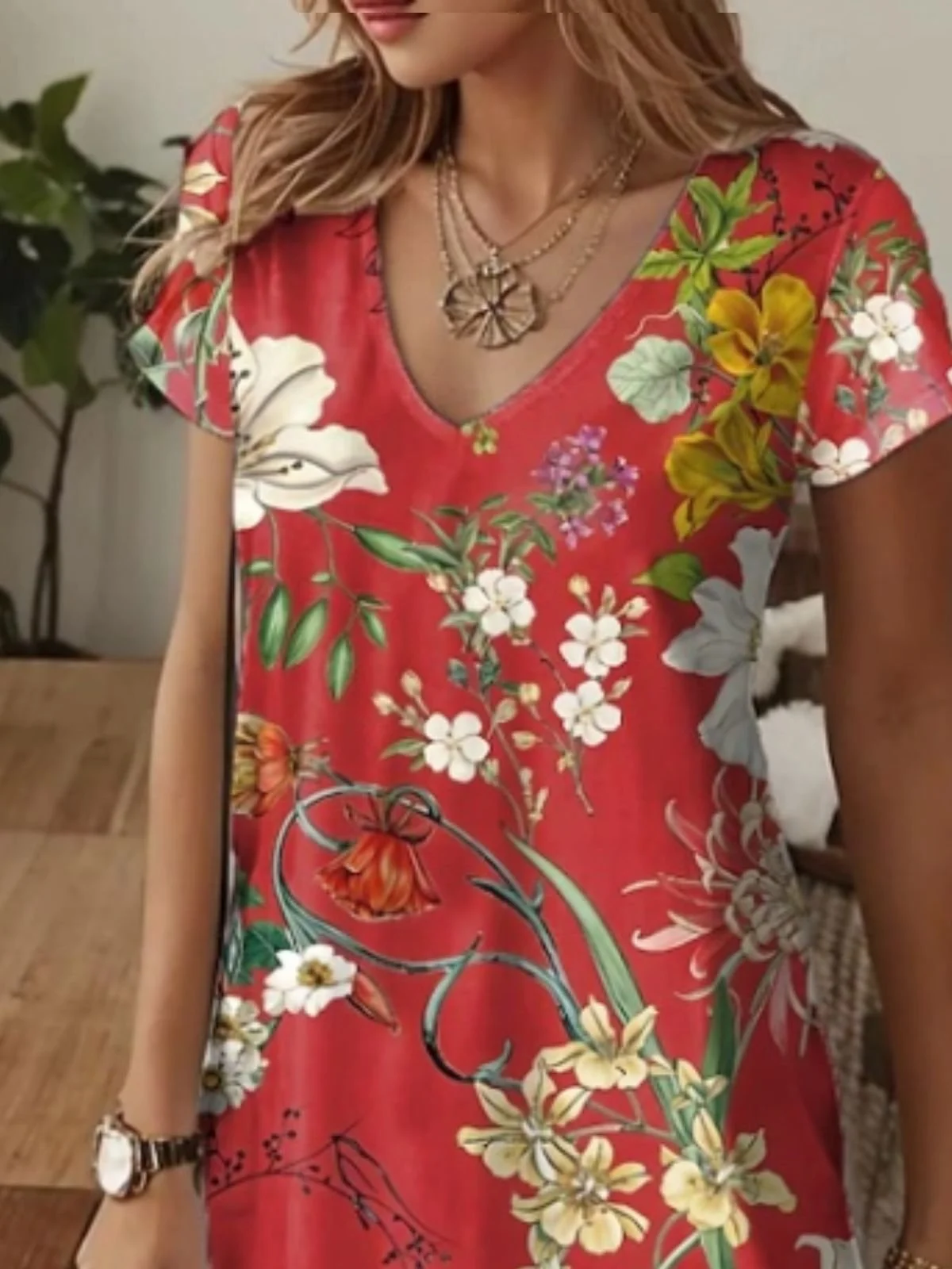 Women Floral V Neck Short Sleeve Comfy Casual Maxi Dress