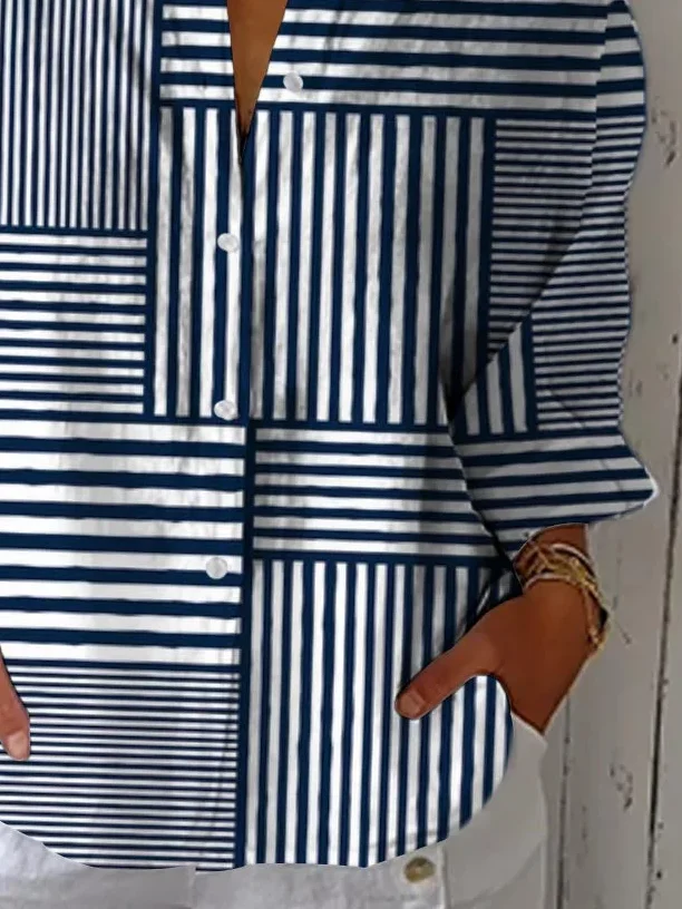 Shirt Collar Three Quarter Sleeve Striped Printing Regular Loose Shirt For Women