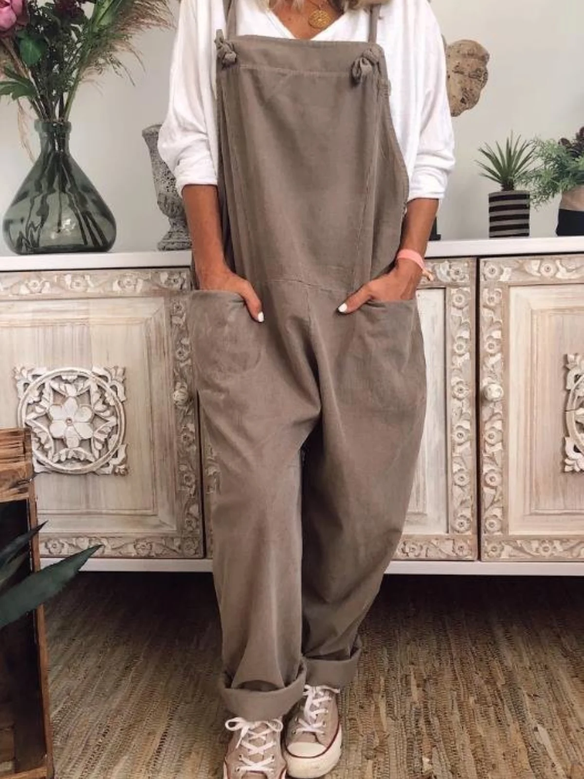 Women Sleeveless Square Neck Long Daily Casual Plain Natural Cami Jumpsuits