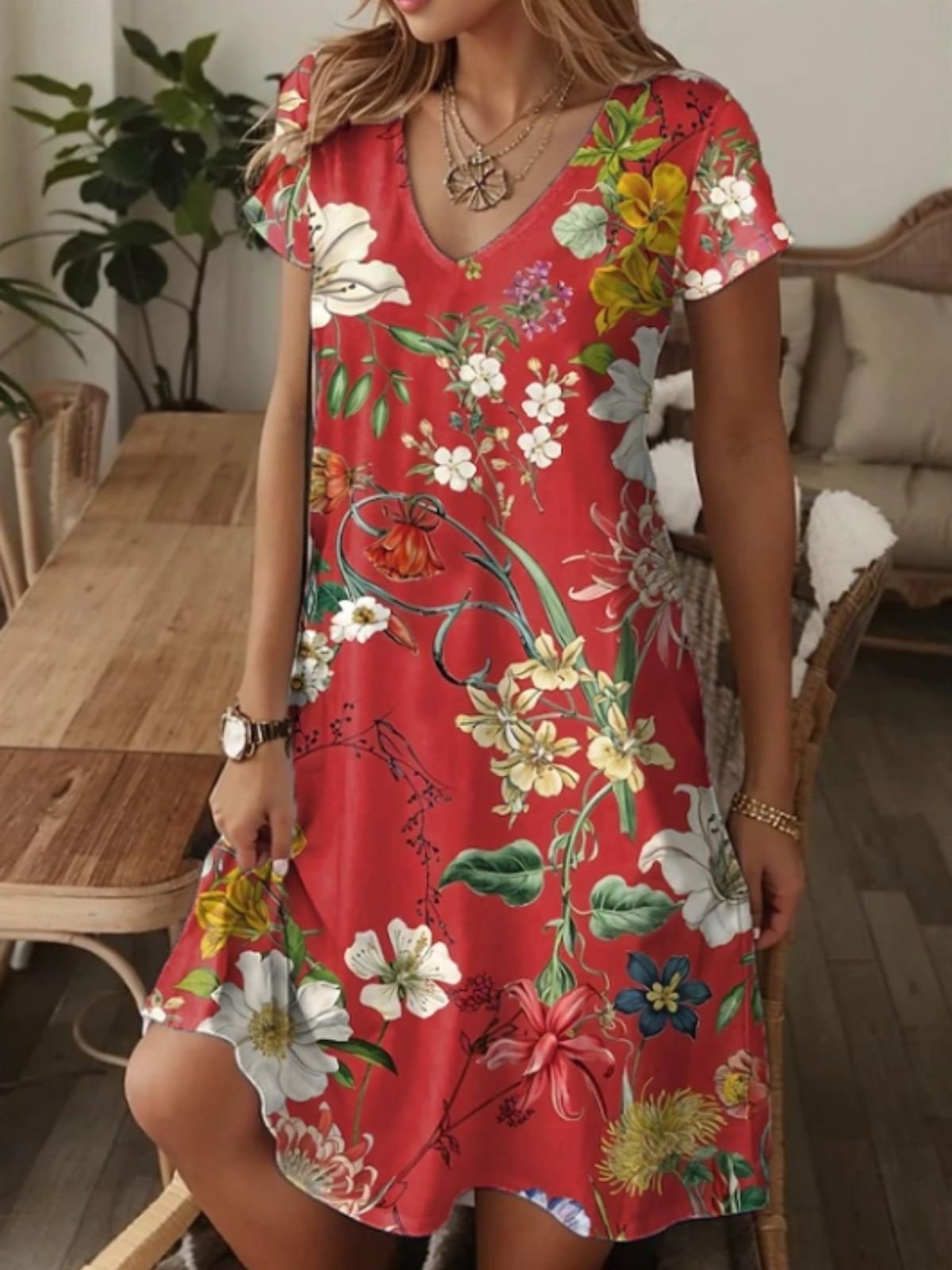Women Floral V Neck Short Sleeve Comfy Casual Maxi Dress
