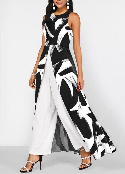 Women Sleeveless Crew Neck Regular Fit Ankle Pants Daily Casual Geometric Mid Waist Tank Jumpsuit