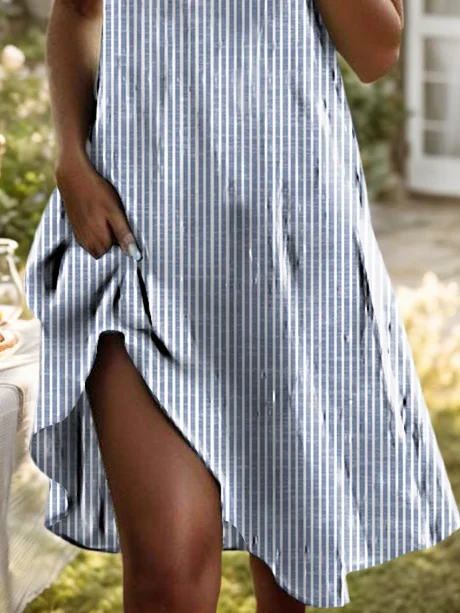 Women Striped Shawl Collar Short Sleeve Comfy Casual Printing Knee Length Dress