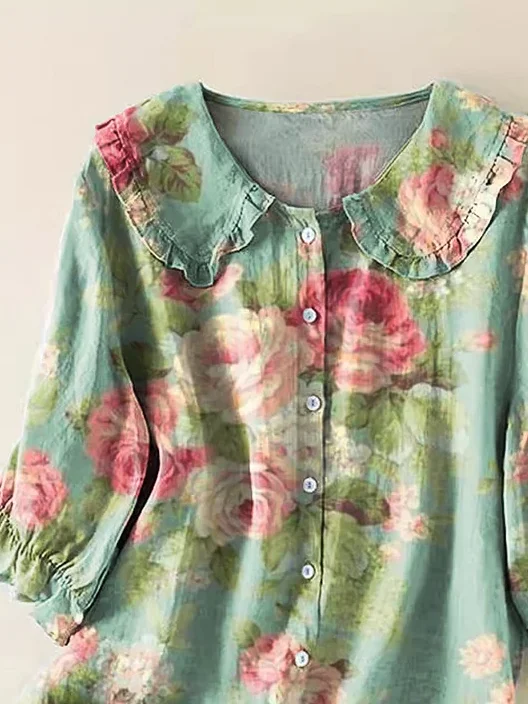 Shawl Collar Short Sleeve Floral Printing Regular Loose Button Up Shirt Shirt For Women