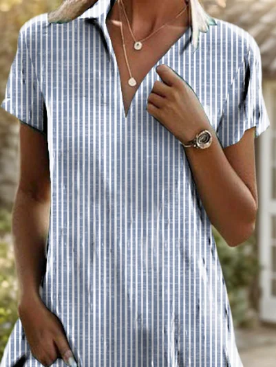 Women Striped Shawl Collar Short Sleeve Comfy Casual Printing Knee Length Dress