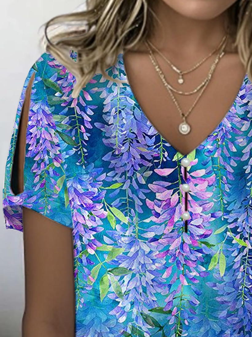 Casual Floral V Neck Short Sleeve T-shirt