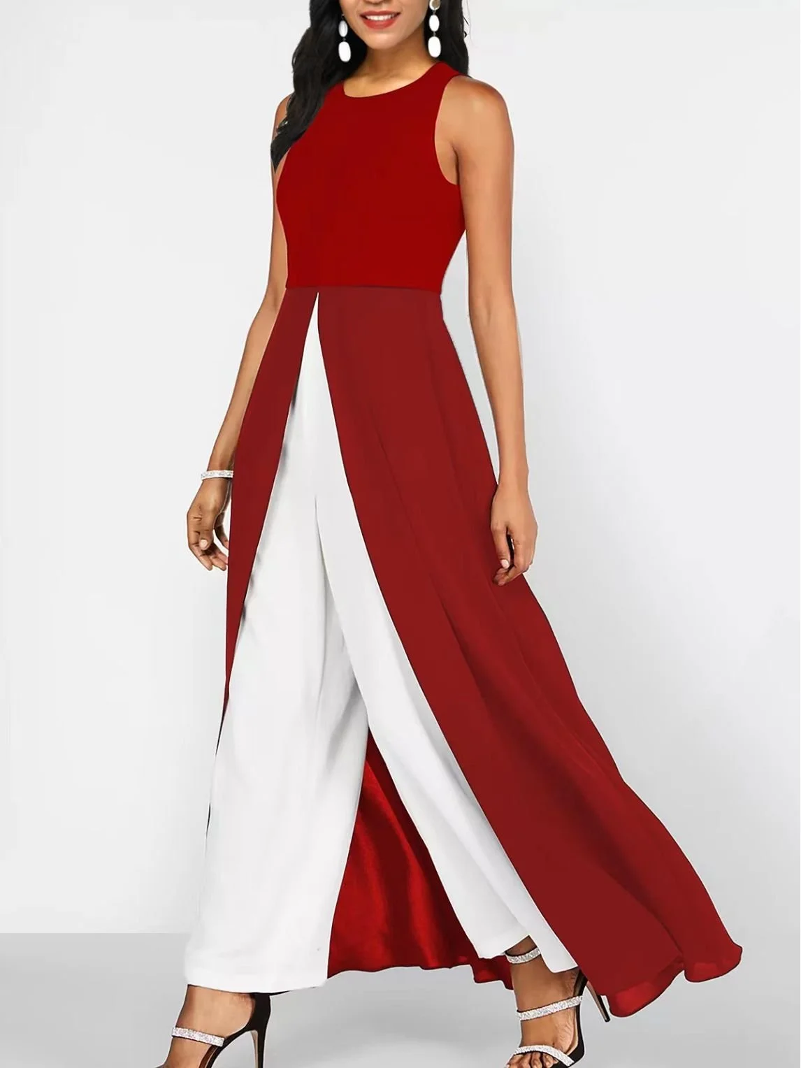 Women Sleeveless Crew Neck Regular Fit Ankle Pants Daily Casual Geometric Mid Waist Tank Jumpsuit