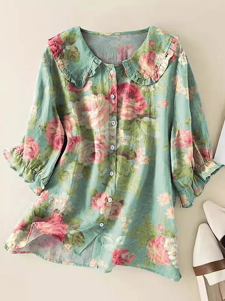 Shawl Collar Short Sleeve Floral Printing Regular Loose Button Up Shirt Shirt For Women