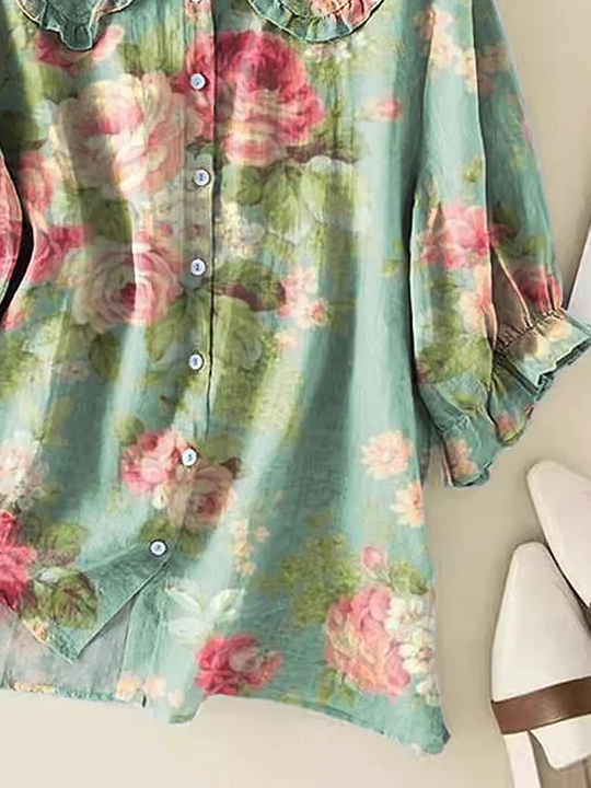 Shawl Collar Short Sleeve Floral Printing Regular Loose Button Up Shirt Shirt For Women