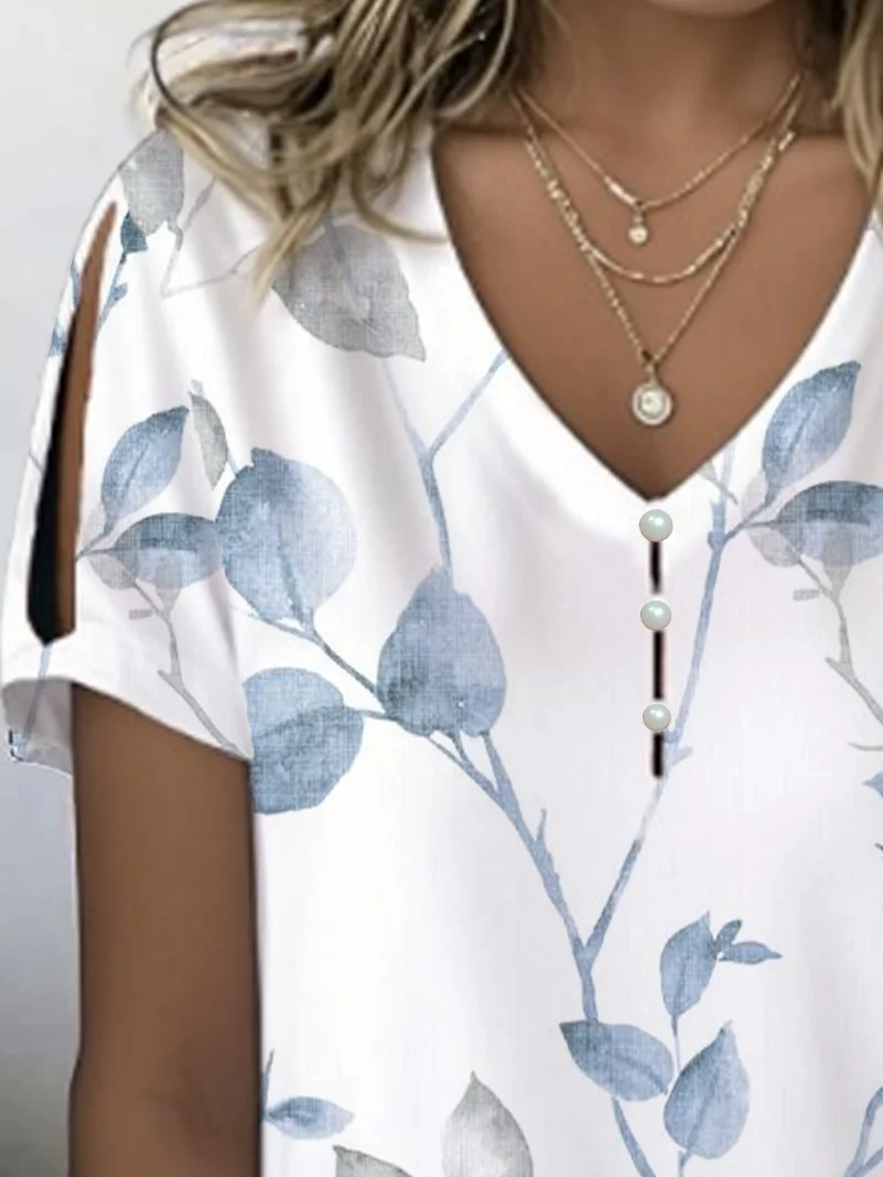 Casual Floral V Neck Short Sleeve T-shirt