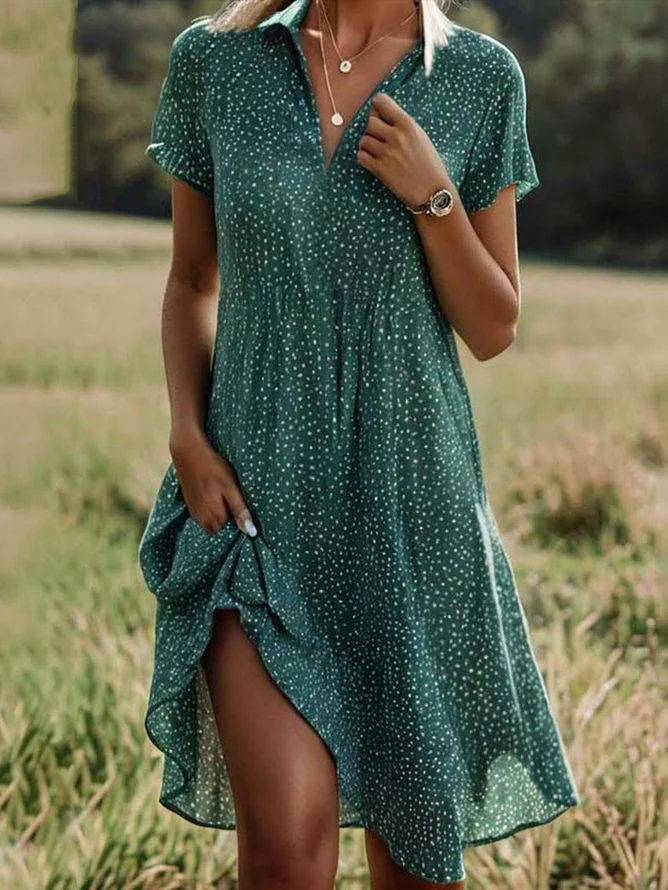 Women Polka Dots Shawl Collar Short Sleeve Comfy Casual Printing Knee Length Dress