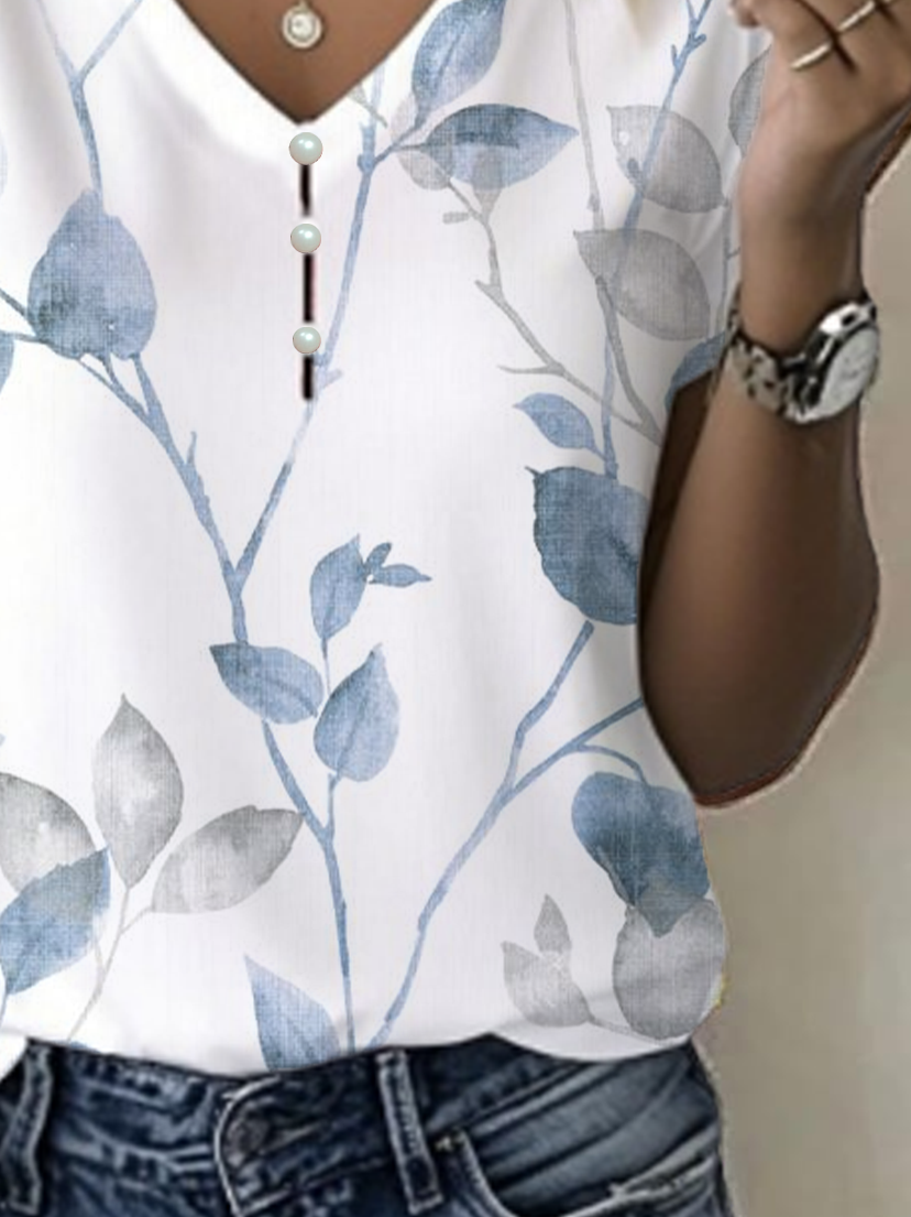 Casual Floral V Neck Short Sleeve T-shirt