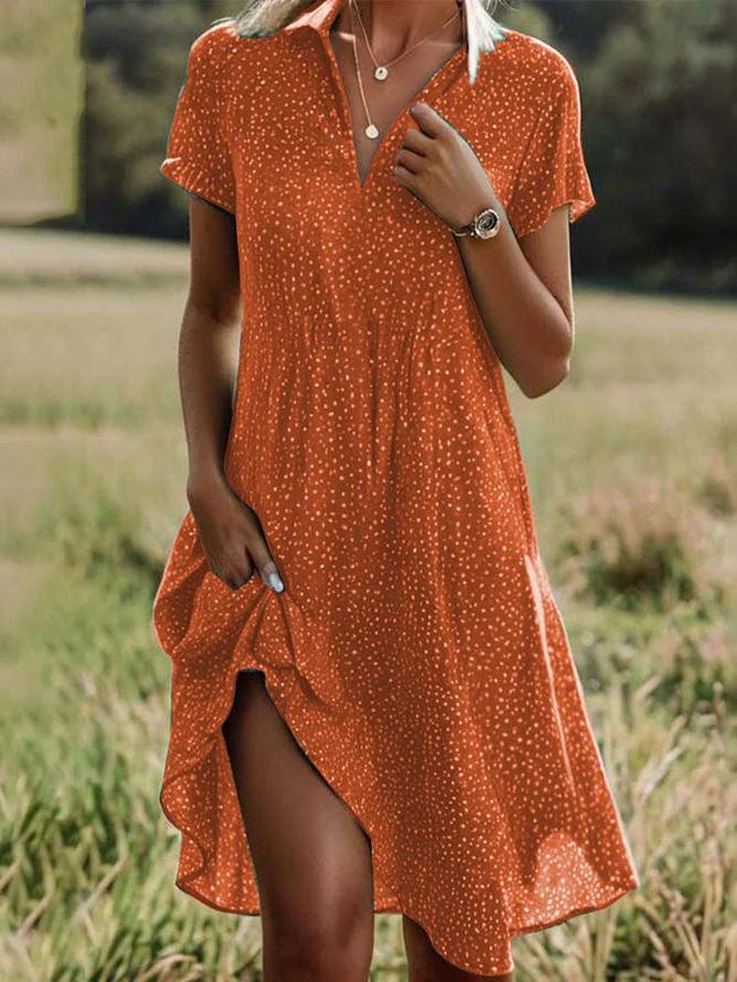Women Polka Dots Shawl Collar Short Sleeve Comfy Casual Printing Knee Length Dress
