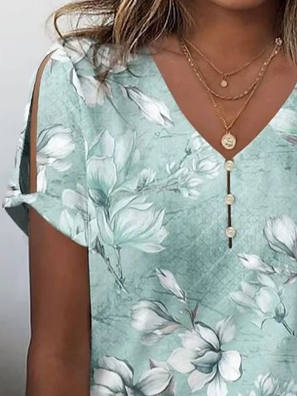 Casual Floral V Neck Short Sleeve T-shirt