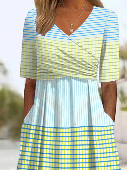 Women Striped V Neck Short Sleeve Comfy Casual Printing Maxi Dress