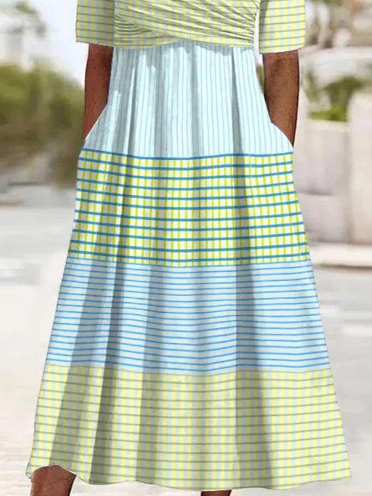 Women Striped V Neck Short Sleeve Comfy Casual Printing Maxi Dress