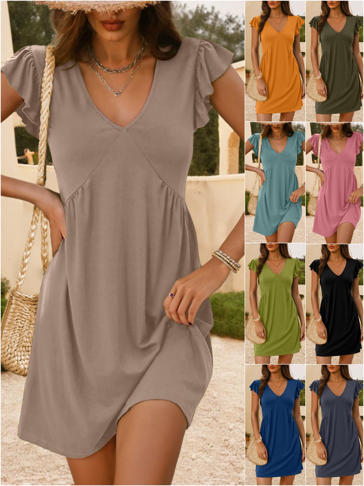 Women Plain V Neck Short Sleeve Comfy Casual Knee Length Dress