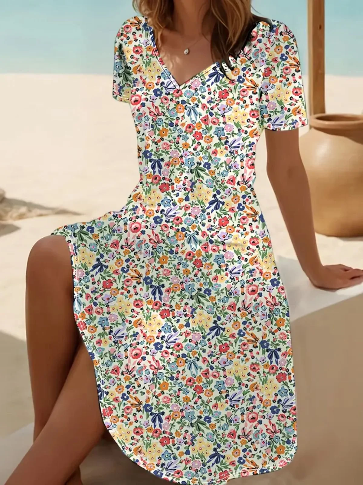 Women Floral V Neck Short Sleeve Comfy Casual Midi Dress
