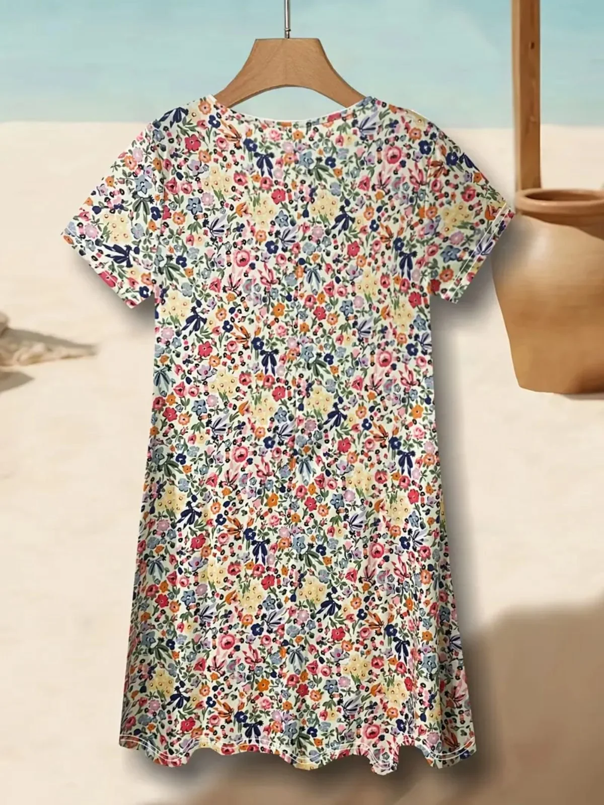 Women Floral V Neck Short Sleeve Comfy Casual Midi Dress