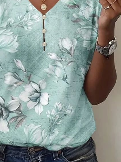 Casual Floral V Neck Short Sleeve T-shirt